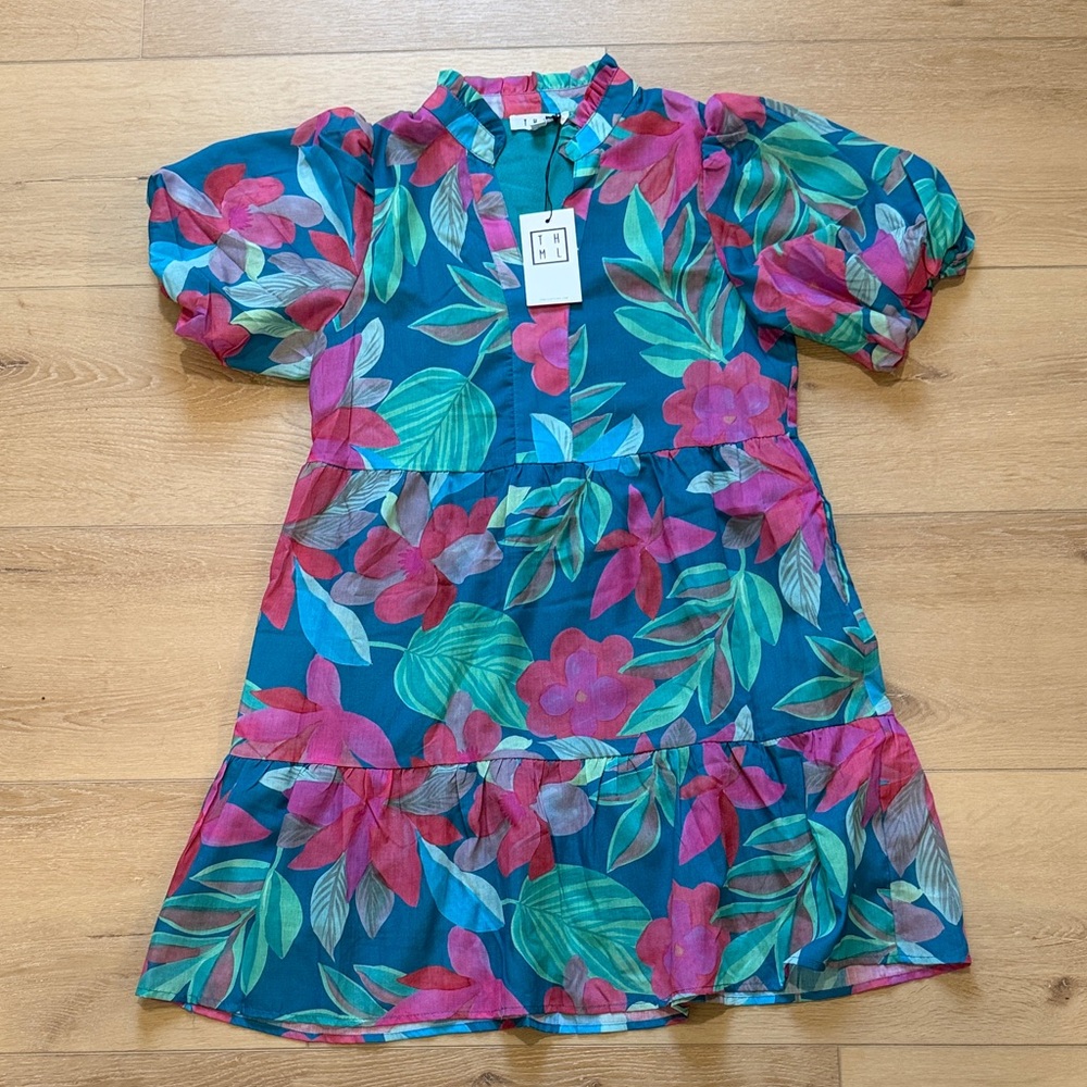 NWT THML Teal Floral Puff Sleeve Mini Dress